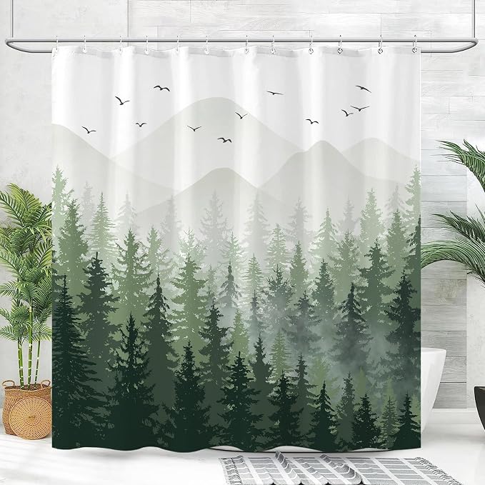 Aipon Green Misty Forest Shower Curtain Ombre Nature Tree Plants Shower - Image 3