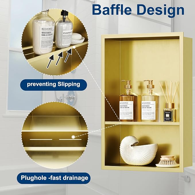 Neodrain Golden 12X18 Inch Double Shelf Stainless Steel Shower Niche, No Tile - Image 6