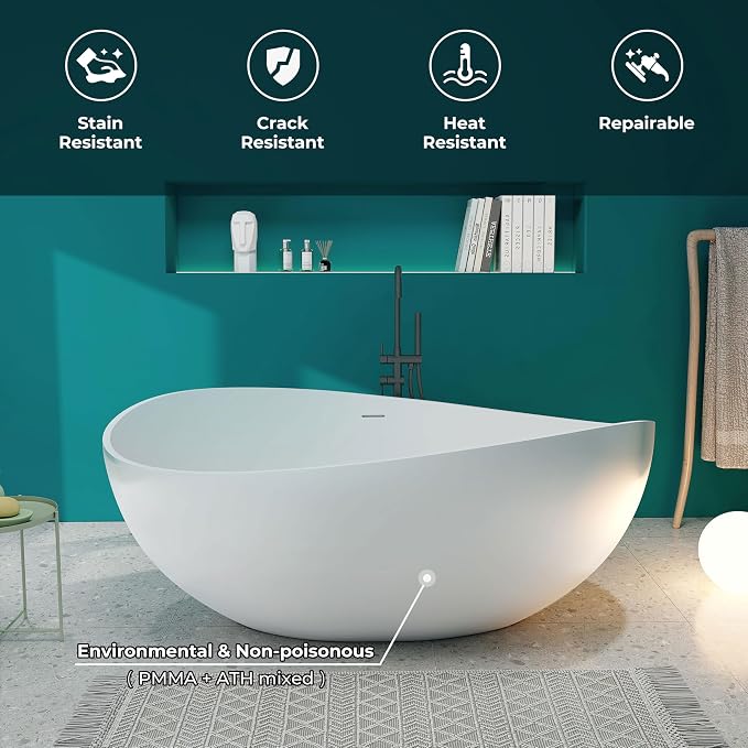 SJ STAR&JANE 63" x 38" Solid Surface Freestanding Bathtub, Oval Soaking Tub - Image 3
