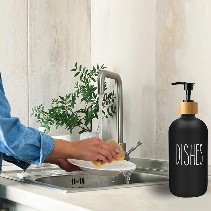 16 OZ Thick Black Glass Soap Dispenser, Bamboo Pump - Image 4