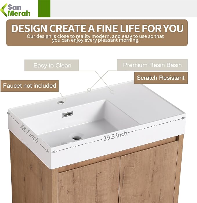 30 inch Bathroom Vanity with Sink, Single Resin Sink Freestanding Bathroom - Image 2