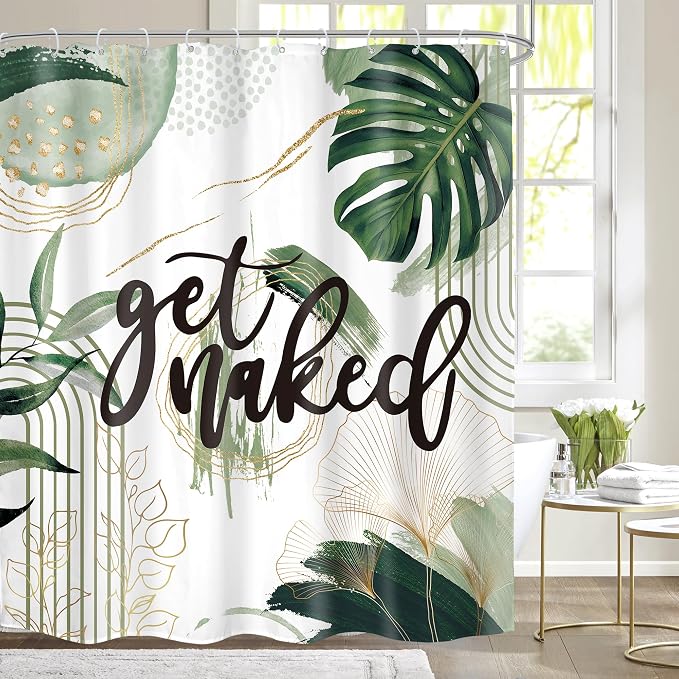 Green Boho Shower Curtain 60Wx72H Bohemian Sage Green Golden Leaves Get Naked by MitpokBrand