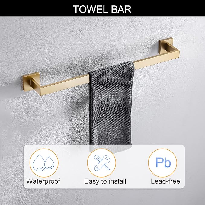 TNOMS Brushed Gold Towel Bar Set Bathroom Hardware Set, 5 Pieces Gold Bathroom - Image 3