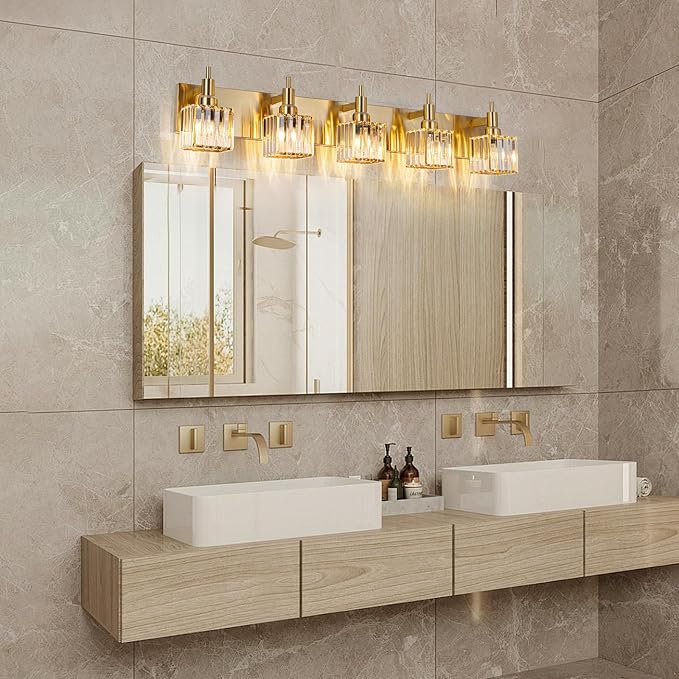 Gold Bathroom Vanity Lights, 5 Lights Crystal Bathroom Lighting Fixtures Over - Image 3