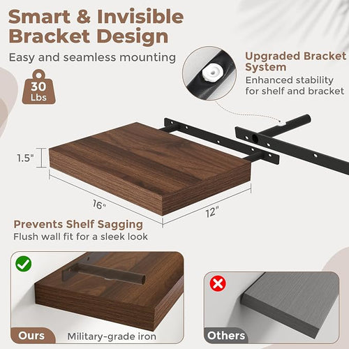 16 Inch Floating Shelves for Wall Set of 2, Easy Install Engineered Wood - Image 2