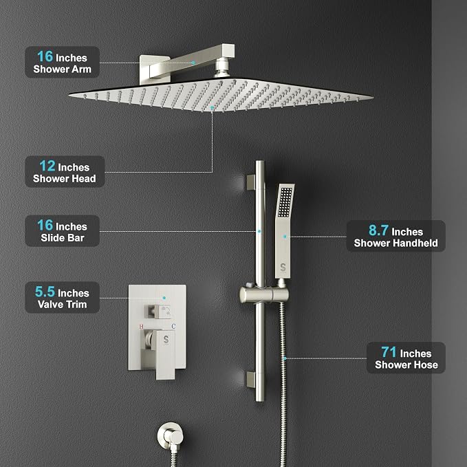 SR SUN RISE 12 Inch Square Shower System, Rain Shower Head and Slide Bar - Image 7