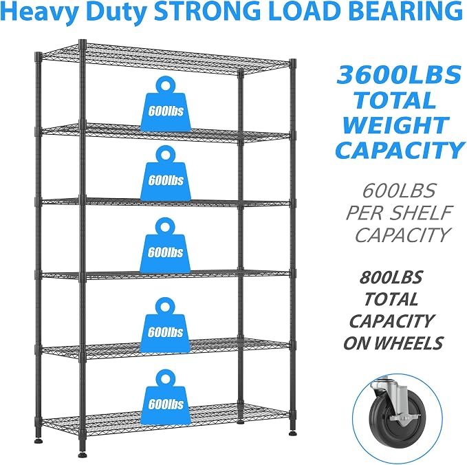 Homdox Heavy Duty Storage Shelves, 6 Tier Wire Shelving Unit - Image 4
