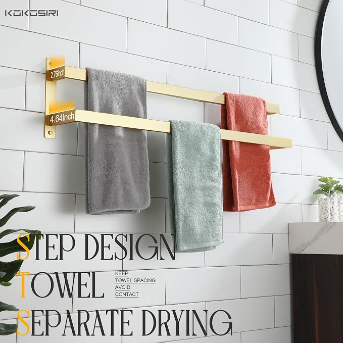 KOKOSIRI Bath Towel Bars Bathroom 2-Tiers Ladder Brushed Gold Towel Rails - Image 5