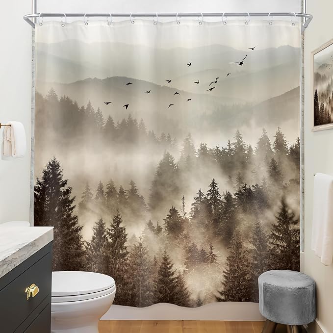 Riyidecor Foggy Mountain Shower Curtain 72Wx72H Inch Nature Abstract Scenery - Image 3