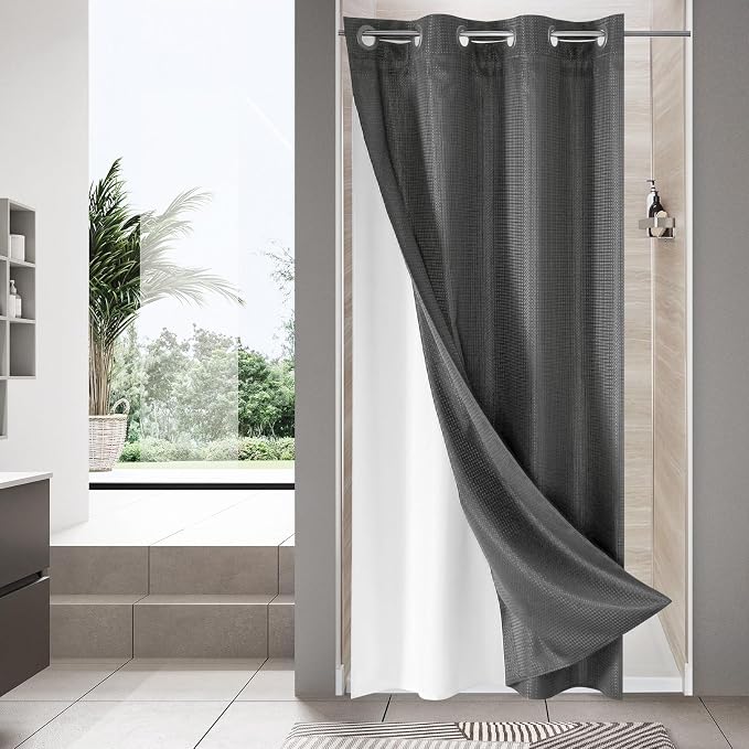 MitoVilla Grey Waffle Small Stall Shower Curtain Liner Set 36 x 74, No Hooks by MitoVilla