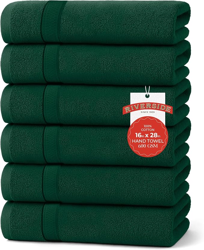 RIVERSIDE 6 Pack Premium Hand Towels Set, 16x28 inches, 100% Ring Spun Cotton by RIVERSIDE