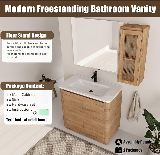 36 Inch Bathroom Vanity with Sink, Wooden Bathroom Cabinet with Soft Close Doors - Image 4