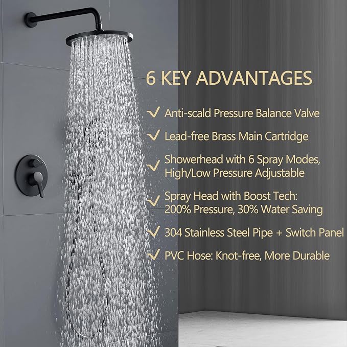 Matte Black Shower Faucet Set, Wall Mount Rain Shower System 10 Inches Shower - Image 2