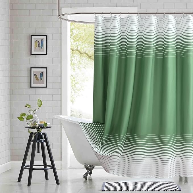 Green Shower Curtain 78 Inches Long, Sage Green and White Gradient Horizontal by BESTRIPES