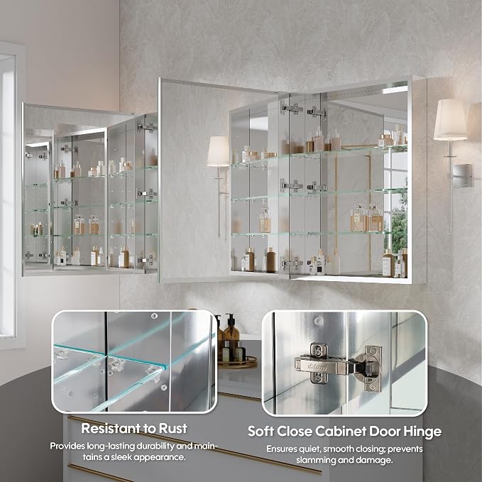WELLFOR 60" x 30" Rectangle Medicine Cabinet Mirror, Surface Mount or Recessed - Image 6