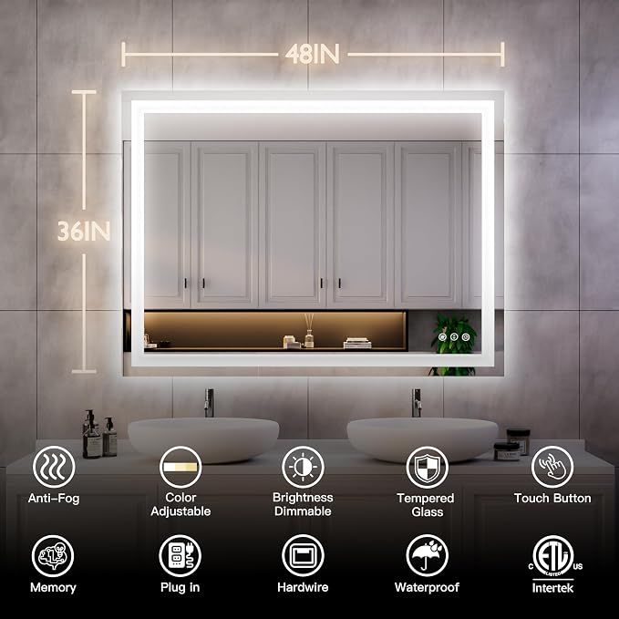 ISKM 48'' x 36'' LED Mirror for Bathroom Lighted Vanity Mirror for Wall Front - Image 7