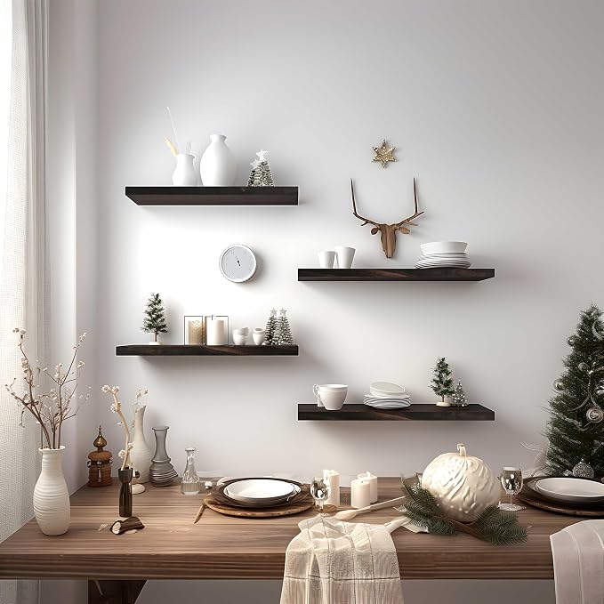 Brown Wood Floating Shelves for Wall Rustic Wall Shelves for Bedroom Set of 6 - Image 4