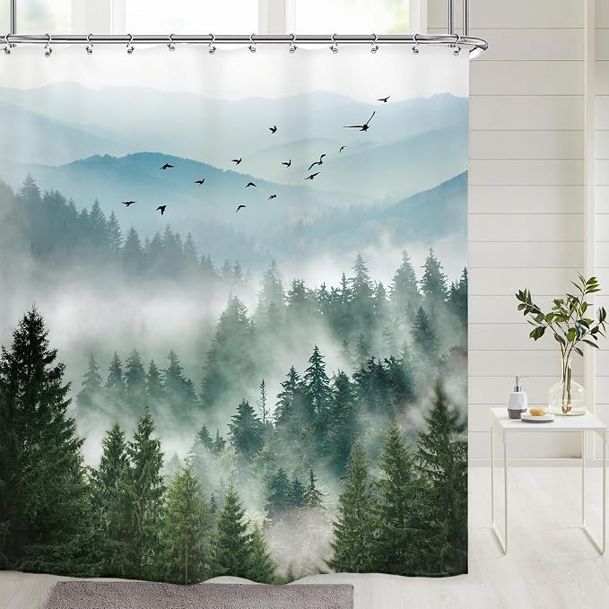 Riyidecor Green Mountain Shower Curtain 72Wx72H Inch Nature Scenery Foggy Pine - Image 2