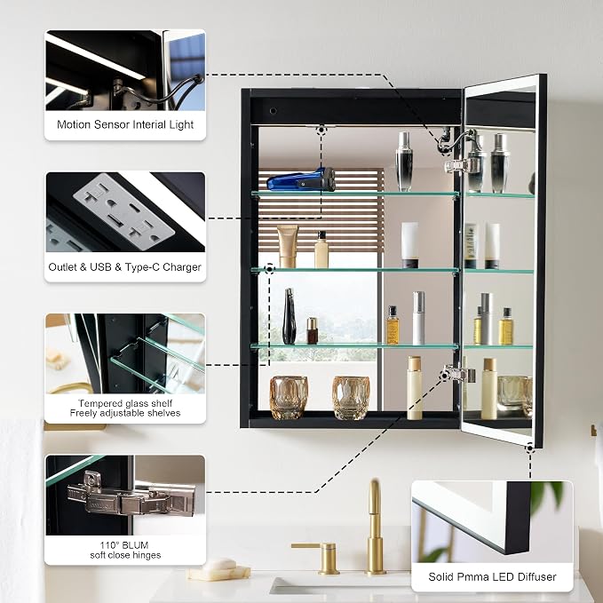 WELLFOR 20" X 30" LED Mirrored Medicine Cabinet, Medicine Cabinets - Image 12