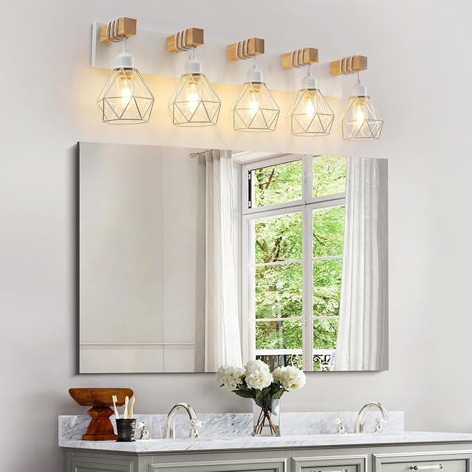 Farmhouse Vanity Light for Bathroom, 5-Light White Wood Bathroom Vanity Light - Image 9