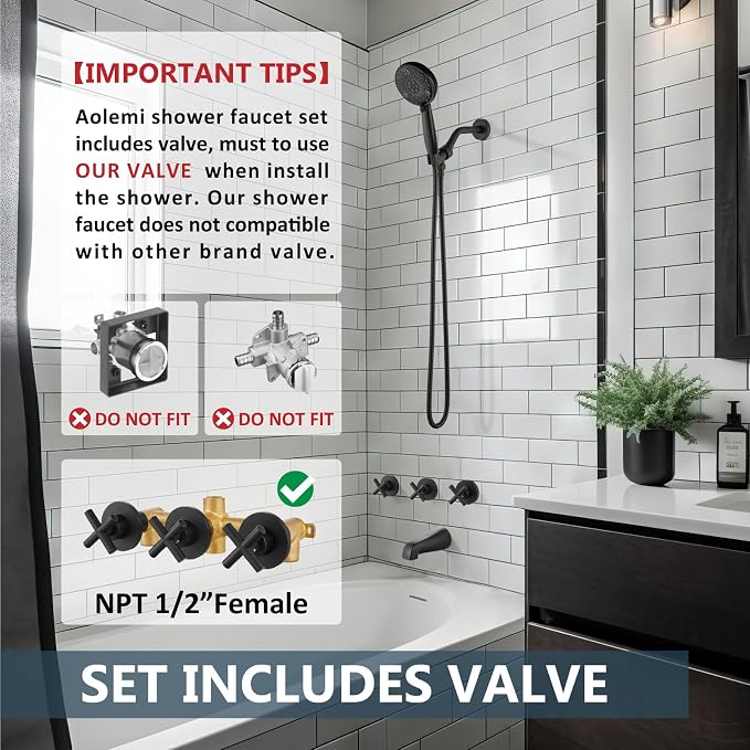 Aolemi 3 Handles Tub Shower Faucet Set - Image 2