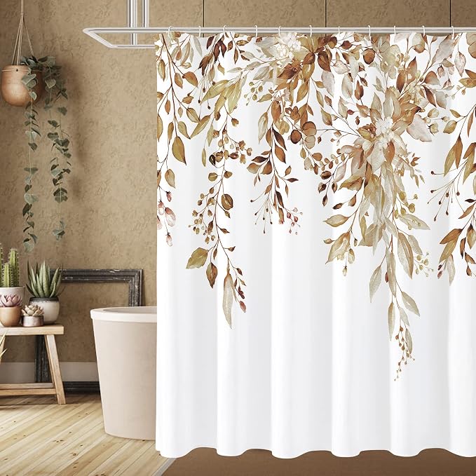 Gibelle Brown Eucalyptus Shower Curtain, Watercolor Plant Leaves by Gibelle