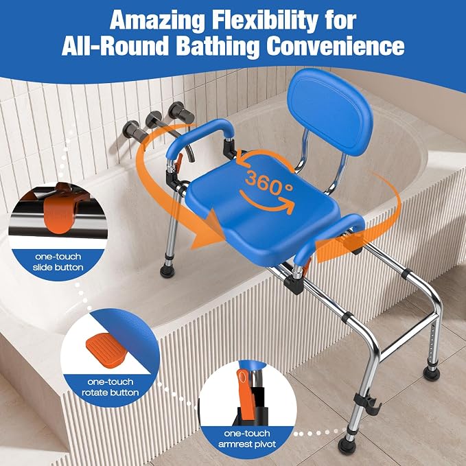 Sliding Shower Chair with Wide 360° Swivel Seat, 450lbs Tub Transfer Bench - Image 3