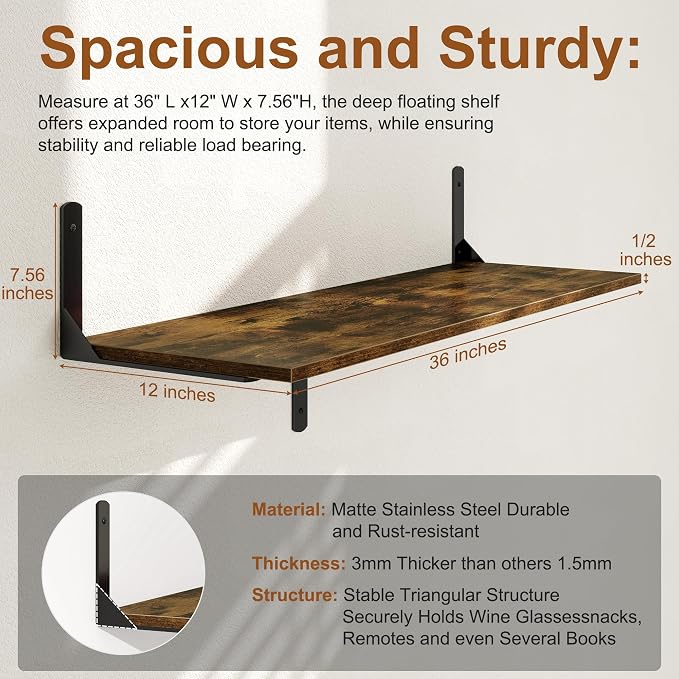 36 Inch Floating Shelves Wall Mounted, 12 Inch Deep Wall Shelves - Image 3