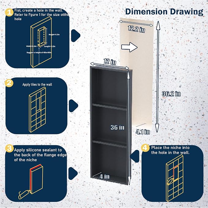 Black Stainless Steel Shower Niche 36" X 12" ，Recessed Shower Shelf - Image 7