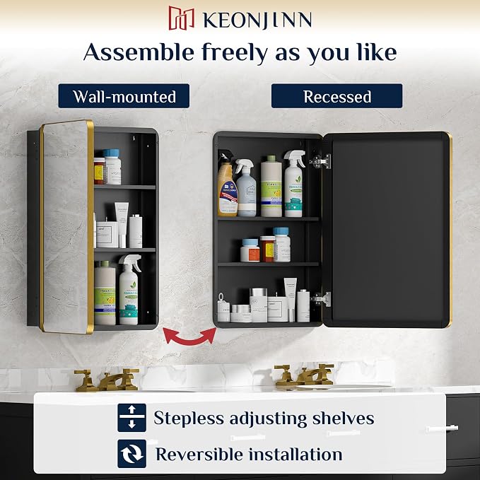 Keonjinn 20 x 32 Inch Gold Mirrored Medicine Cabinet, Recessed Medicine Cabinets - Image 6