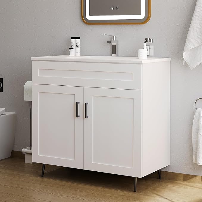36" Bathroom Vanity with Sink, Freestanding Wooden Bathroom Vanity with 2 Doors - Image 6