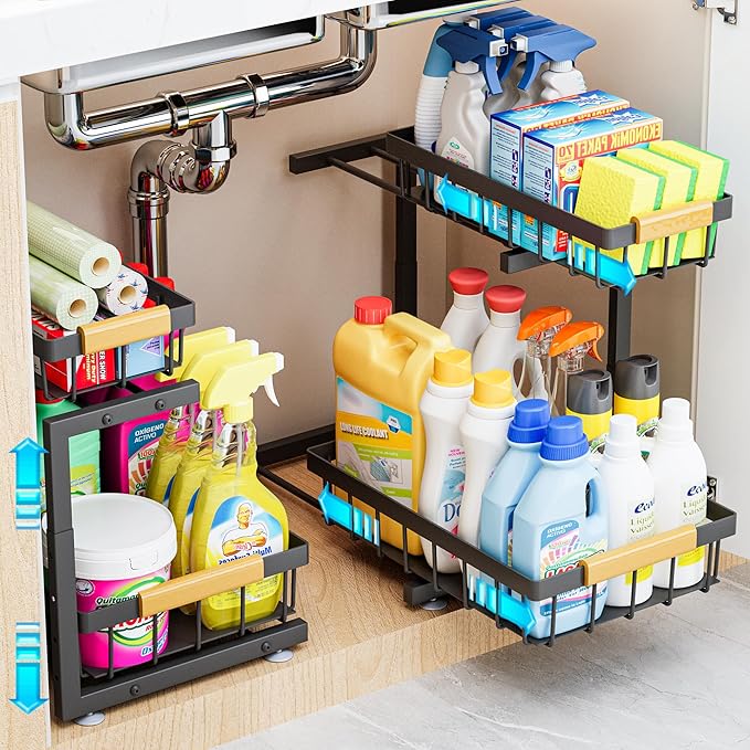 ADBIU Under Sink Organizer, 2 Pack 2 Tier Expandable Height Pulling Out Kitchen by ADBIU