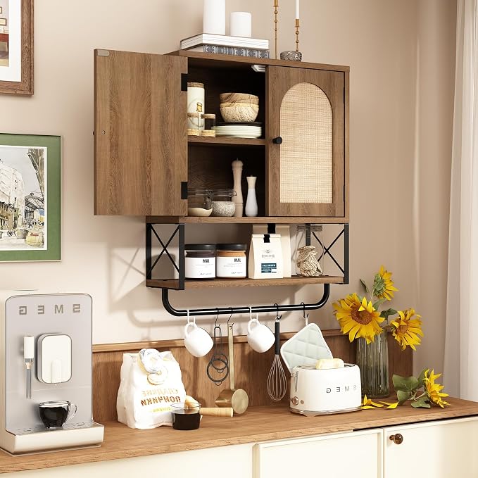 RUSTOWN Rattan Bathroom Wall Cabinet, Boho Over The Toilet Storage Cabinet - Image 9