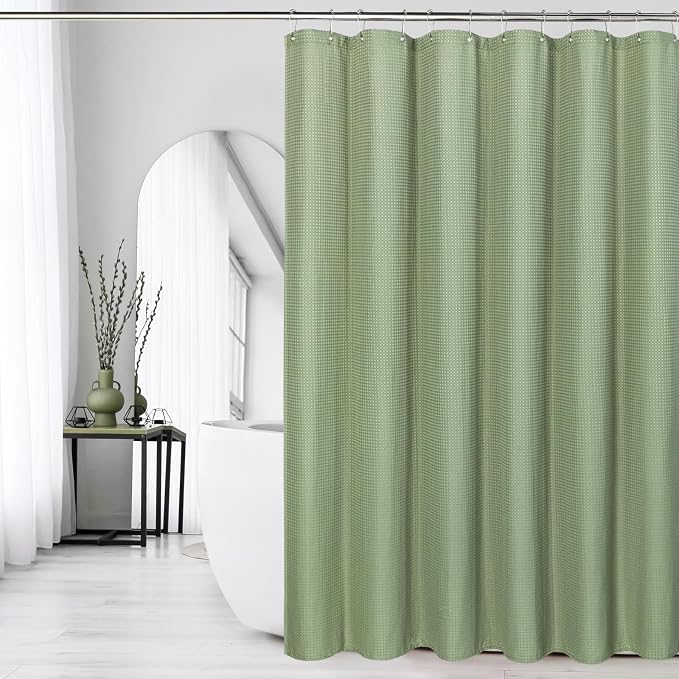Gibelle Sage Green Shower Curtain, Waffle Weave Textured Fabric Shower Curtain - Image 6