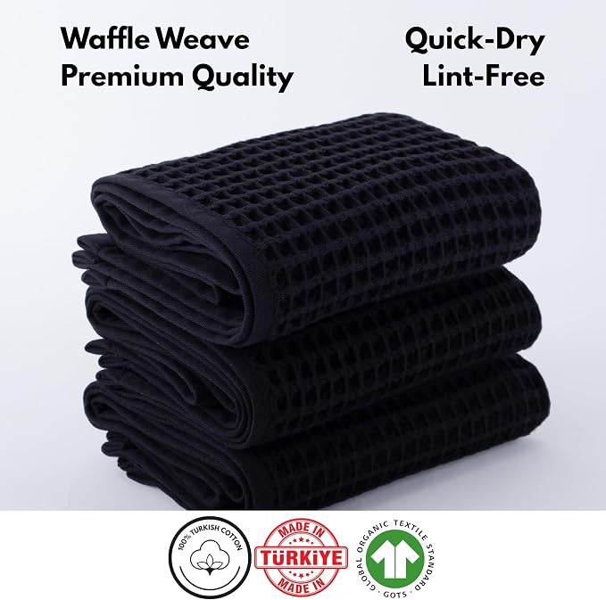 PÜSKÜL Organic Waffle Hand & Kitchen Towel 100% Turkish Cotton Set of 3 Black - Image 5