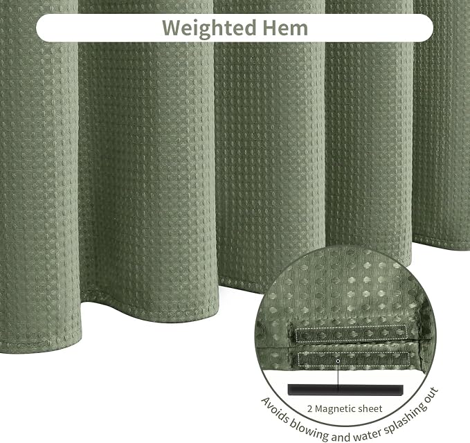Inhousolu Fabric Shower Curtain Waffle Weave, Sage Green 230 GSM Heavy Duty - Image 5