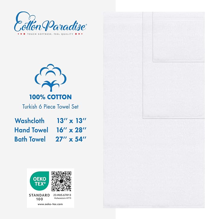 Cotton Paradise 6 Piece Towel Set, 100% Cotton Soft Absorbent Turkish Towels - Image 5