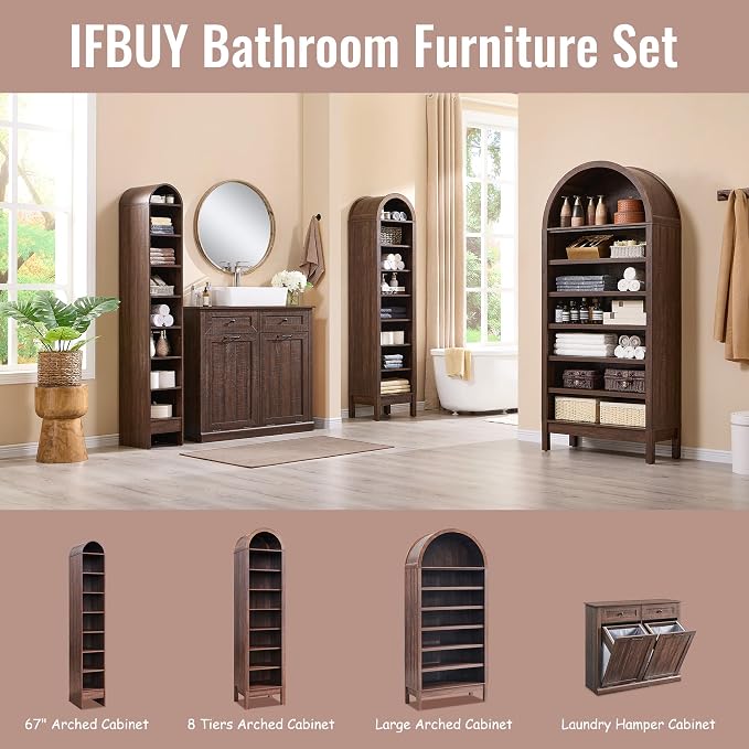 67" Tall Arched Bathroom Storage Cabinet, 8-Tier Modern Farmhouse Storage - Image 6