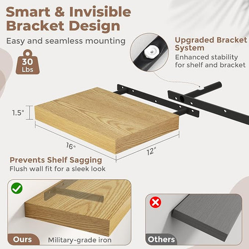 16 Inch Floating Shelves for Wall Set of 2, Easy Install Engineered Wood - Image 2