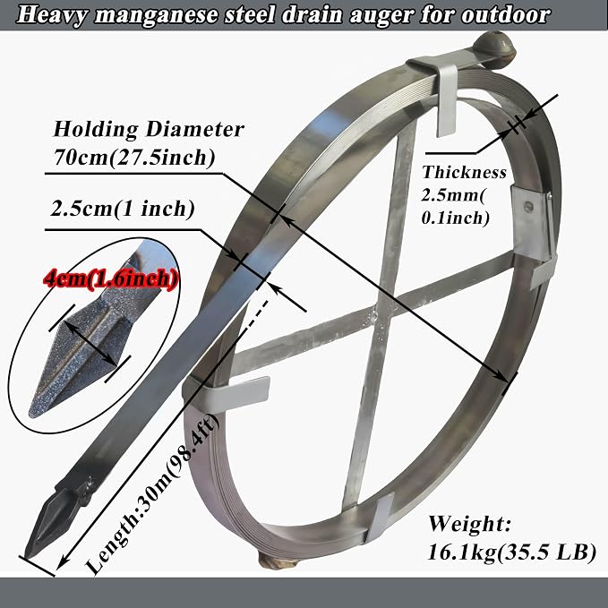 Heavy Duty Sewer Drain Snake for Outdoor, Length 15m/49.2ft, Width 2.5cm/1inch - Image 2