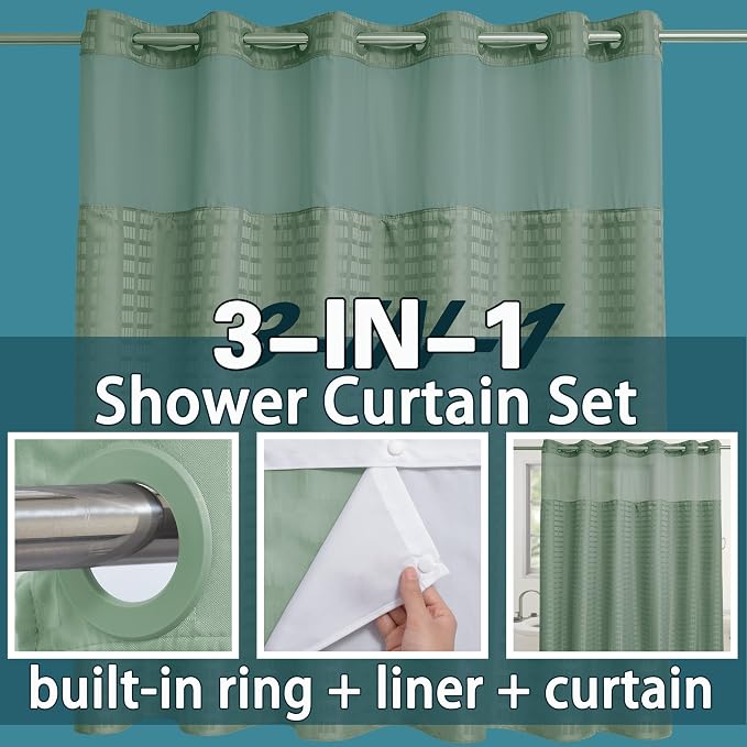 Conbo Mio Extra Wide No Hook Sage Green Shower Curtain - Image 3