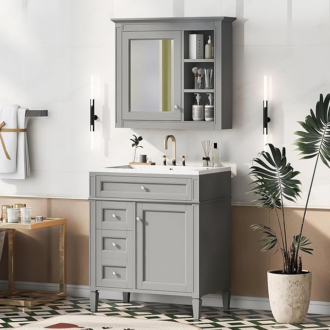 30" Bathroom Vanity with Matching Medicine Cabinet, Modern Sink Storage Cabinet by Virubi