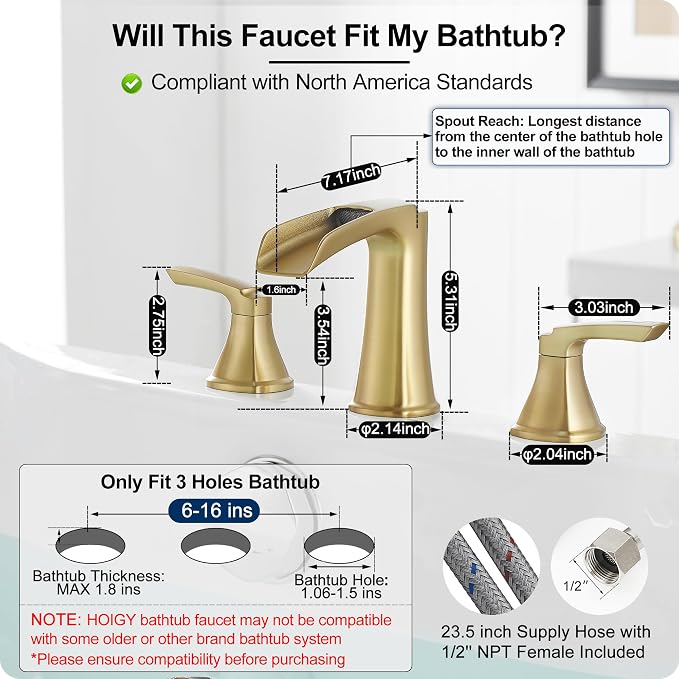 Brass Waterfall Tub Faucet, 3 Hole Brushed Gold Bathtub Faucet Set, 6-16 Inch - Image 6