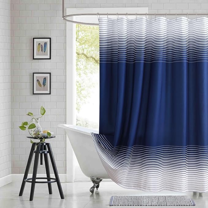 Blue Shower Curtain, Modern Navy Blue and White Gradient Horizontal Stripe by BESTRIPES
