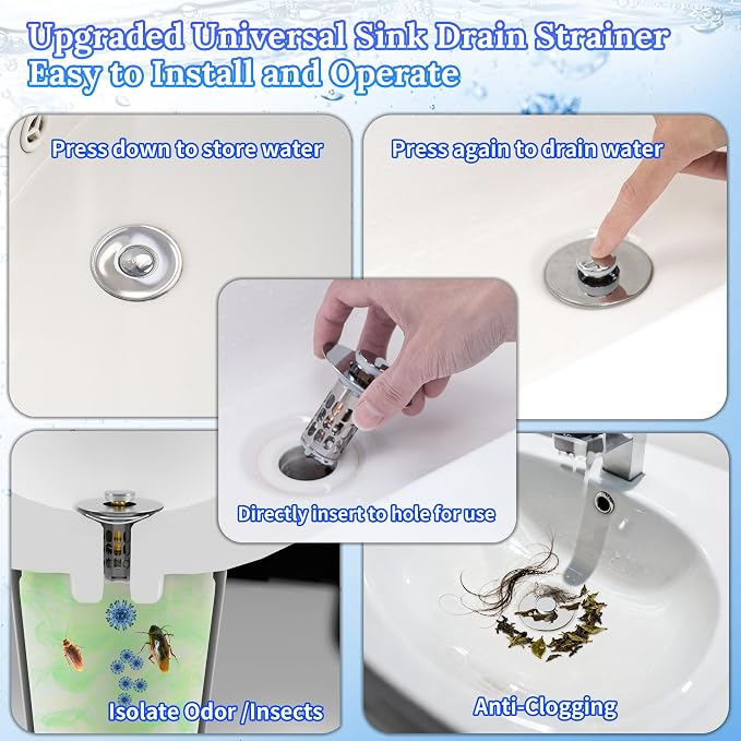 3 in 1 Bathroom Sink Drain Strainer, Universal Pop Up Bathroom Sink Stopper - Image 7