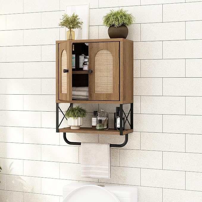 RUSTOWN Rattan Bathroom Wall Cabinet, Boho Over The Toilet Storage Cabinet - Image 4