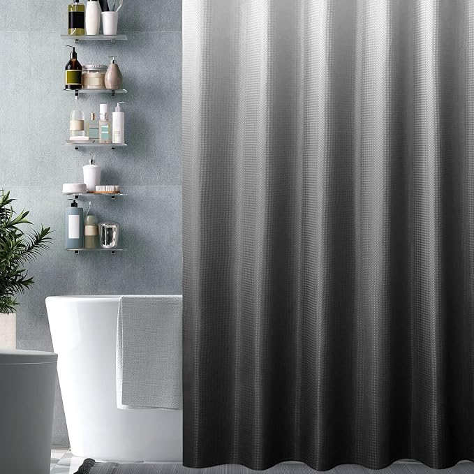 Gibelle Black Shower Curtain, Waffle Weave Ombre Fabric Shower Curtain - Image 6