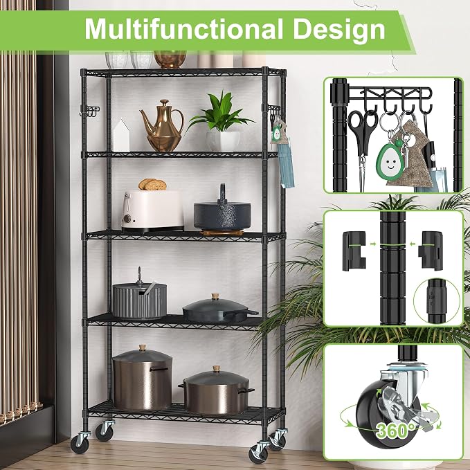 5 Tier Storage Shelves with Wheels Wire Rolling Garage Shelving Rack Organizer - Image 5