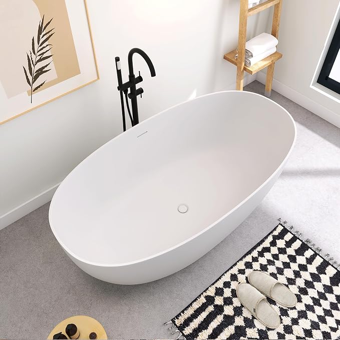 SJ STAR&JANE 59" Freestanding Solid Surface Bathtub, Oval Stone Resin Soaking - Image 8