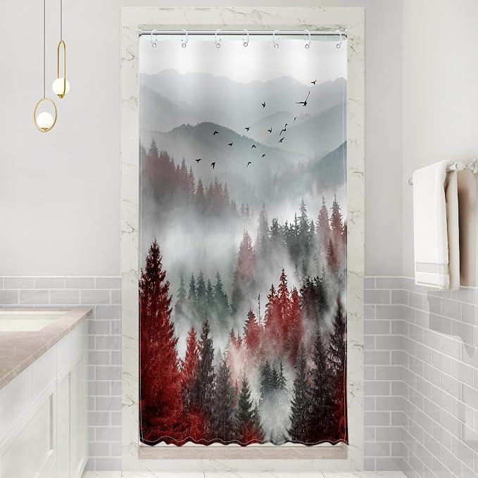 Riyidecor Stall Half Small Rv Shower Curtain 36Wx72H Inch Red Black Mountain - Image 2